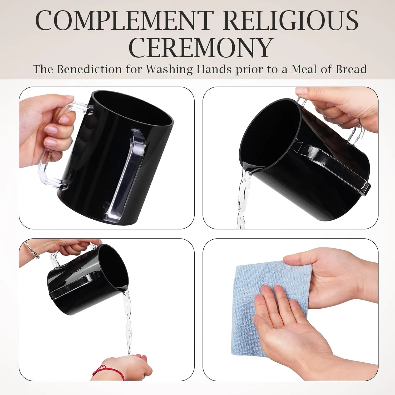 2 Pcs Judaica Hand Washing Cup with Dual Handles, Clear Acrylic Hand Washing Cup for The Jewish Ritual & Netilat Yadayim (Black, Clear Handle)