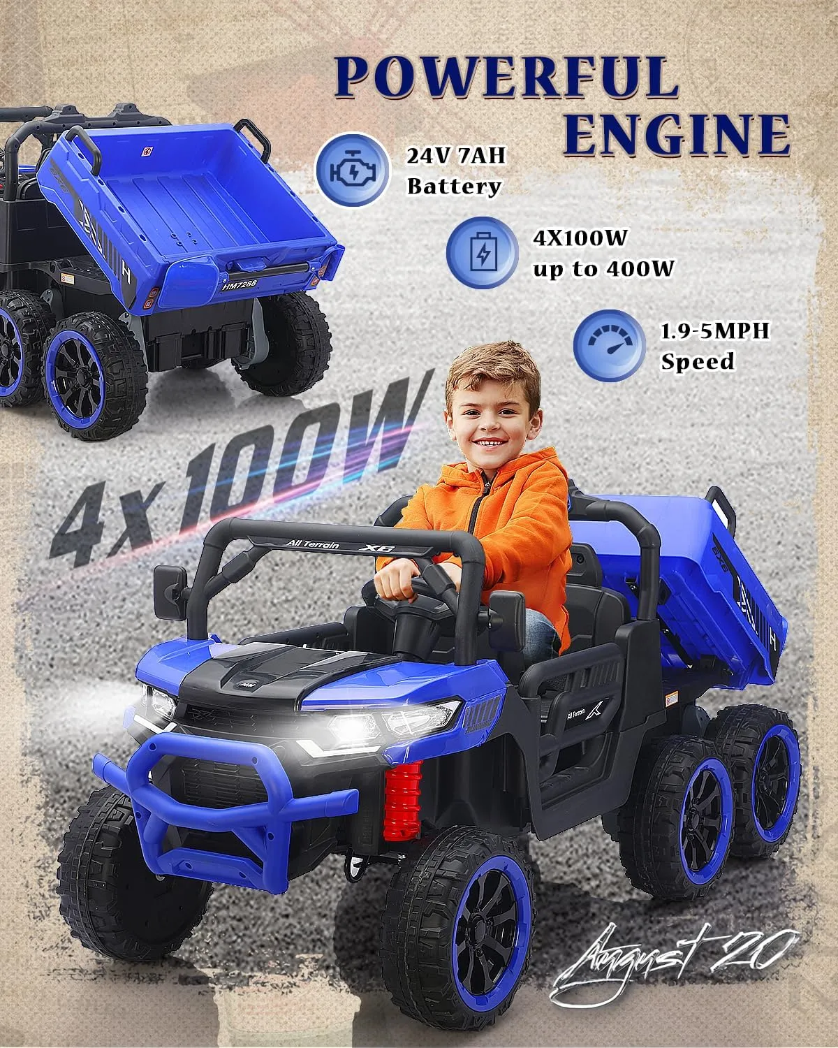 2 Seater Ride on Dump Truck, 24V Kids Ride on UTV w/Remote Control, Electric Dump Bed, Shovel, 6 Suspensions, Music, Bluetooth, LED Light, 4WD Ride On Car Toys for Big Kids Boy Girl (Blue)