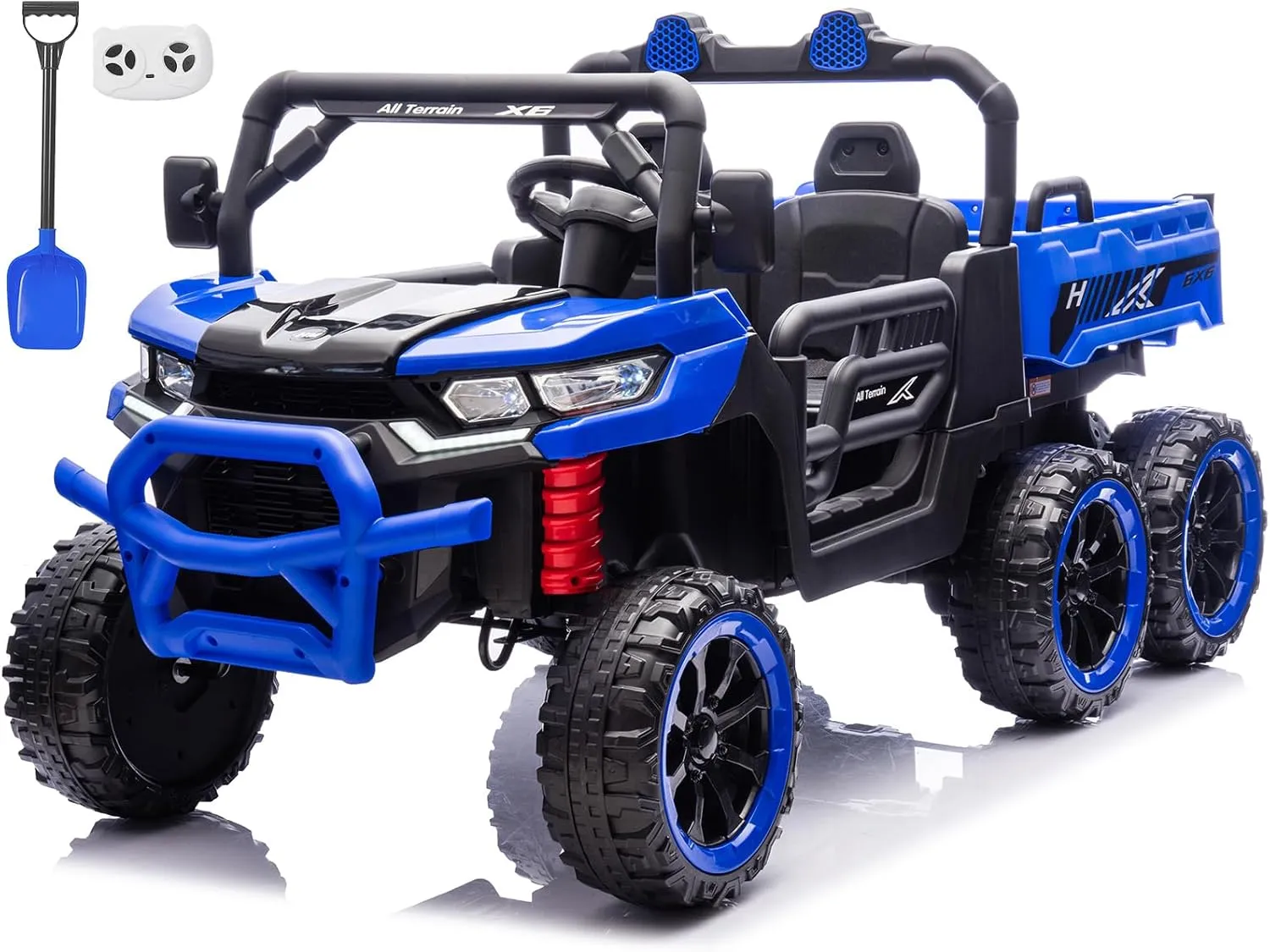 2 Seater Ride on Dump Truck, 24V Kids Ride on UTV w/Remote Control, Electric Dump Bed, Shovel, 6 Suspensions, Music, Bluetooth, LED Light, 4WD Ride On Car Toys for Big Kids Boy Girl (Blue)