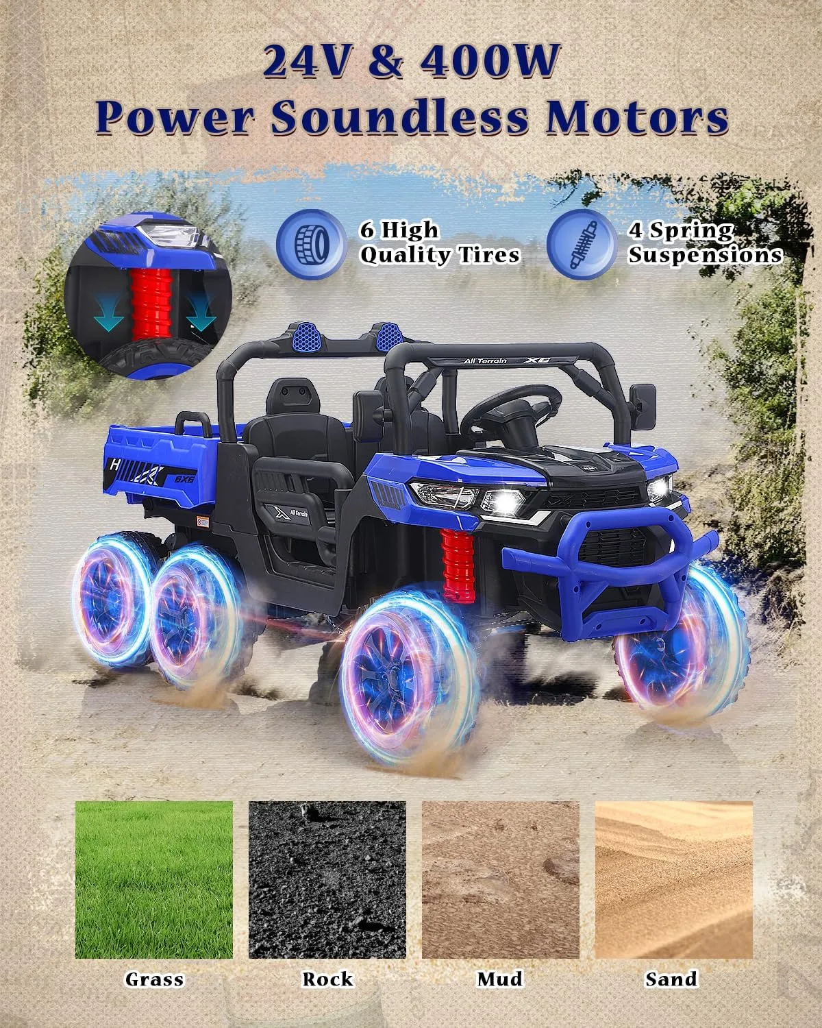 2 Seater Ride on Dump Truck, 24V Kids Ride on UTV w/Remote Control, Electric Dump Bed, Shovel, 6 Suspensions, Music, Bluetooth, LED Light, 4WD Ride On Car Toys for Big Kids Boy Girl (Blue)