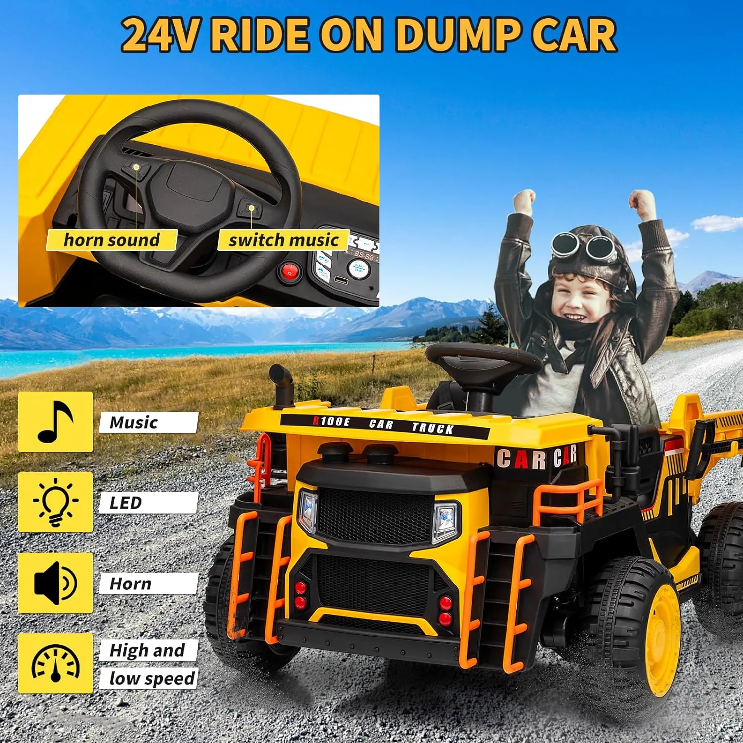 2 Seater Ride On Dump Truck, 24V Ride On Car Toy with Remote Control,Electric Dump Bed and Extra Shovel,2WD/4WD Ride On Construction Vehicle for Kids with Bluetooth,LED Light,Shock Absorption,Yellow