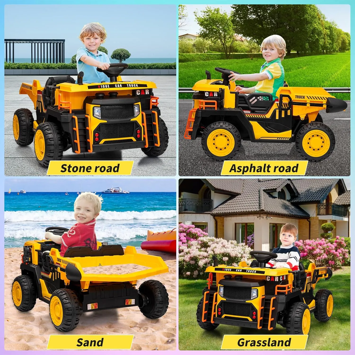 2 Seater Ride On Dump Truck, 24V Ride On Car Toy with Remote Control,Electric Dump Bed and Extra Shovel,2WD/4WD Ride On Construction Vehicle for Kids with Bluetooth,LED Light,Shock Absorption,Yellow