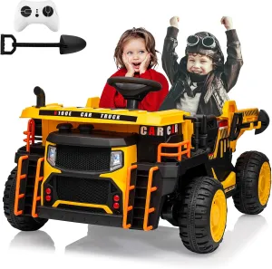 2 Seater Ride On Dump Truck, 24V Ride On Car Toy with Remote Control,Electric Dump Bed and Extra Shovel,2WD/4WD Ride On Construction Vehicle for Kids with Bluetooth,LED Light,Shock Absorption,Yellow