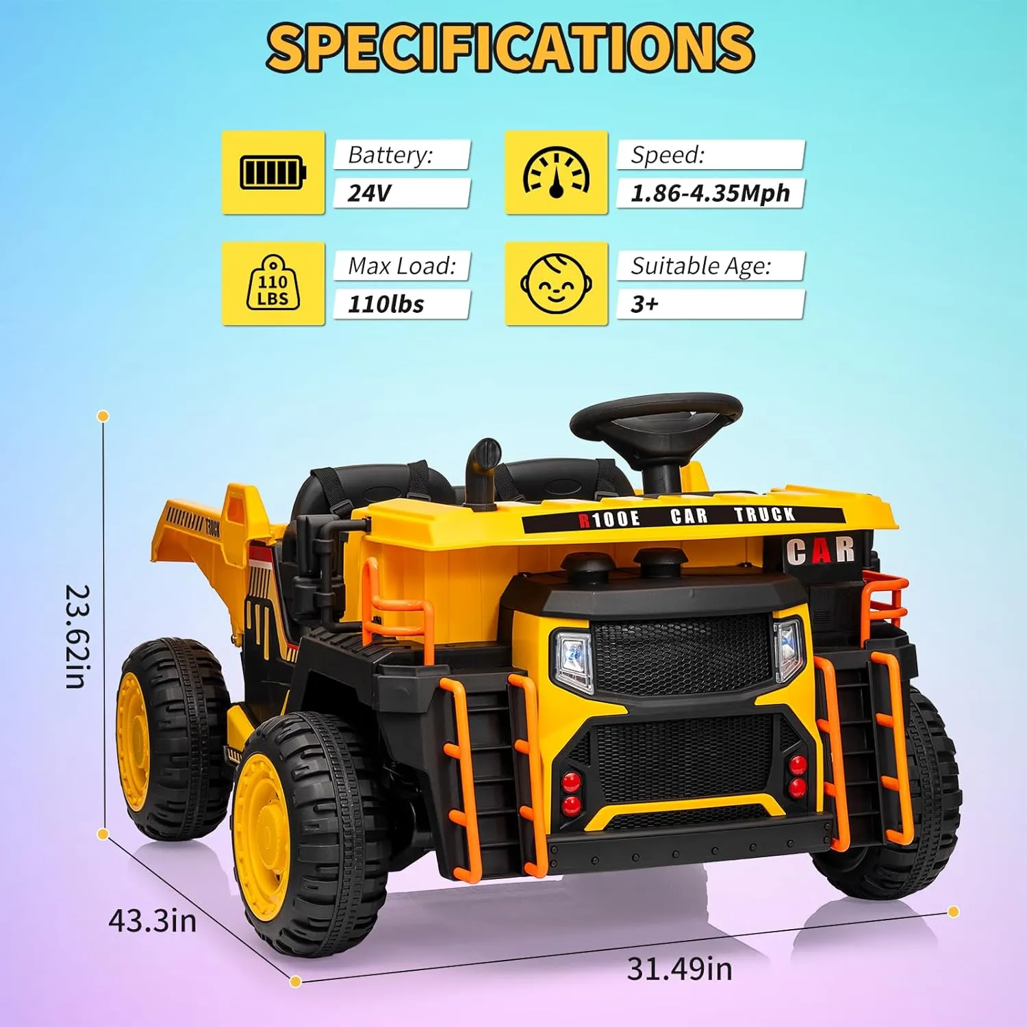2 Seater Ride On Dump Truck, 24V Ride On Car Toy with Remote Control,Electric Dump Bed and Extra Shovel,2WD/4WD Ride On Construction Vehicle for Kids with Bluetooth,LED Light,Shock Absorption,Yellow