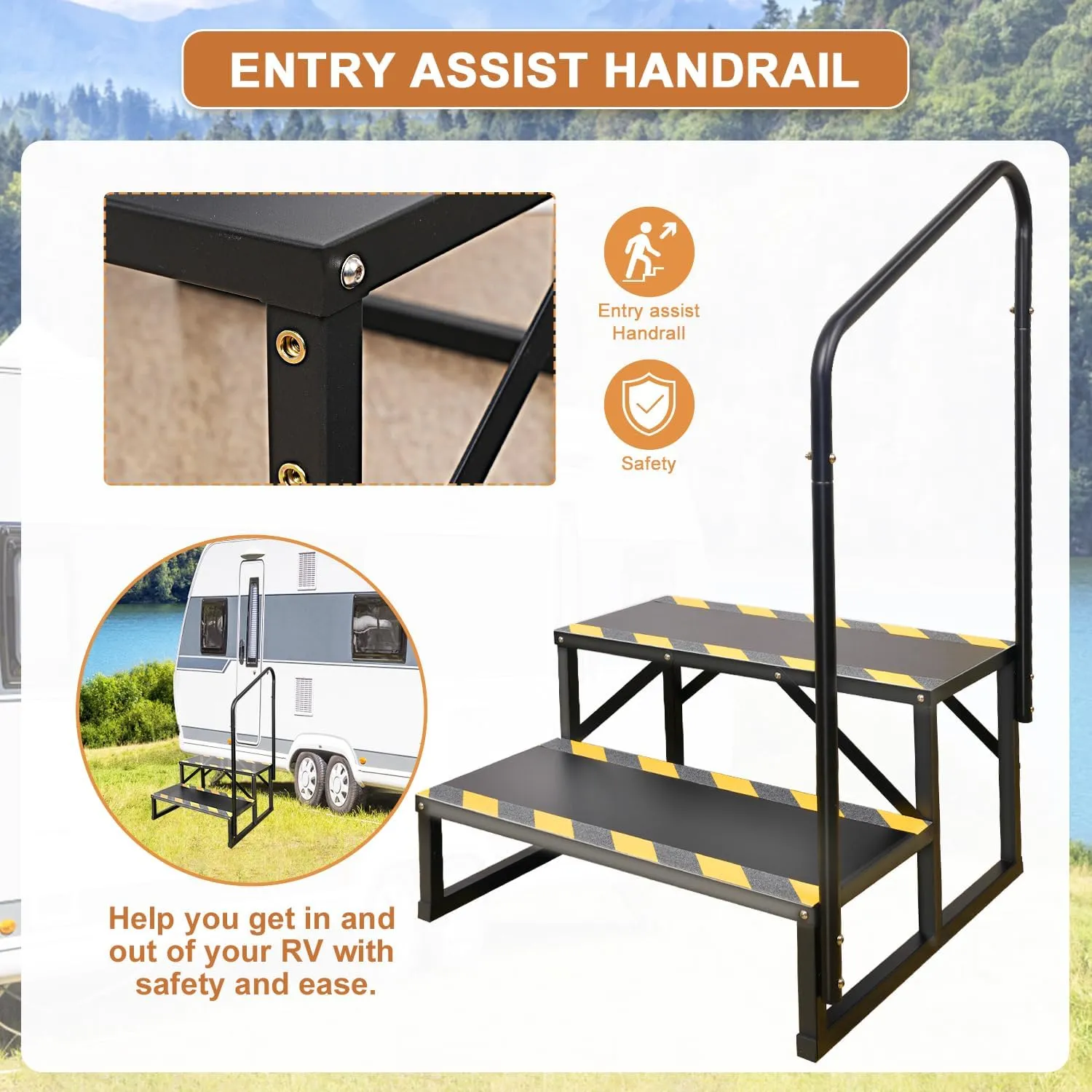 2 Step RV Stairs, Hot Tub Steps, Outdoor Spa Step Ladder with Handrail,Portable Economy 5th Wheel Stair for Travel Trailer, Motor Home, Camper and Porch with Non-Skid Tapes