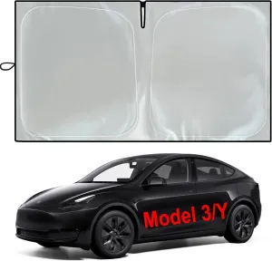 2025 Tesla Model Y Model 3 Windshield Sunshade [100% Sun Blockage,] Foldable Heat Insulation Sun Shade with Storage Bag, Heat UV Protection Visor Accessories