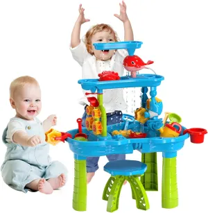 2025 Upgraded 3-Tier Water Table with Chair – Kids Outdoor Sensory Play Table for Backyard or Beach Fun, Boys & Girls