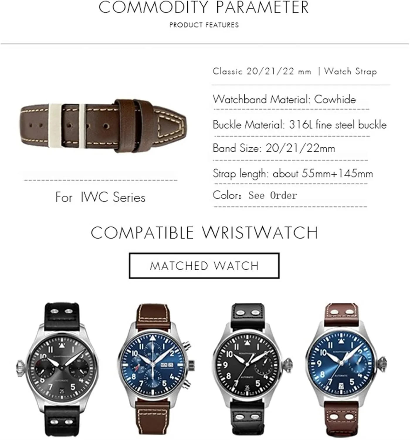 20mm 21mm 22mm Italian Cowhide Watch Strap Black Blue Brown Watch Band For IWC PILOT Mark PORTUGIESER PORTOFINO WatchBands