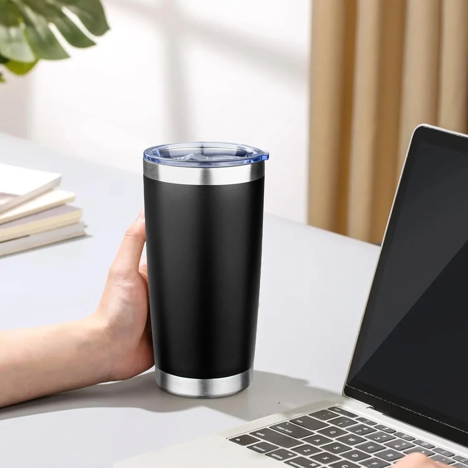 20oz Tumbler with Lid Double Wall Vacuum Insulated Travel Coffee Mug Stainless Steel Thermal Cup Powder Coated Sturdy Coffee Tumbler Bulk for Hot and Cold Beverage (Black,4)