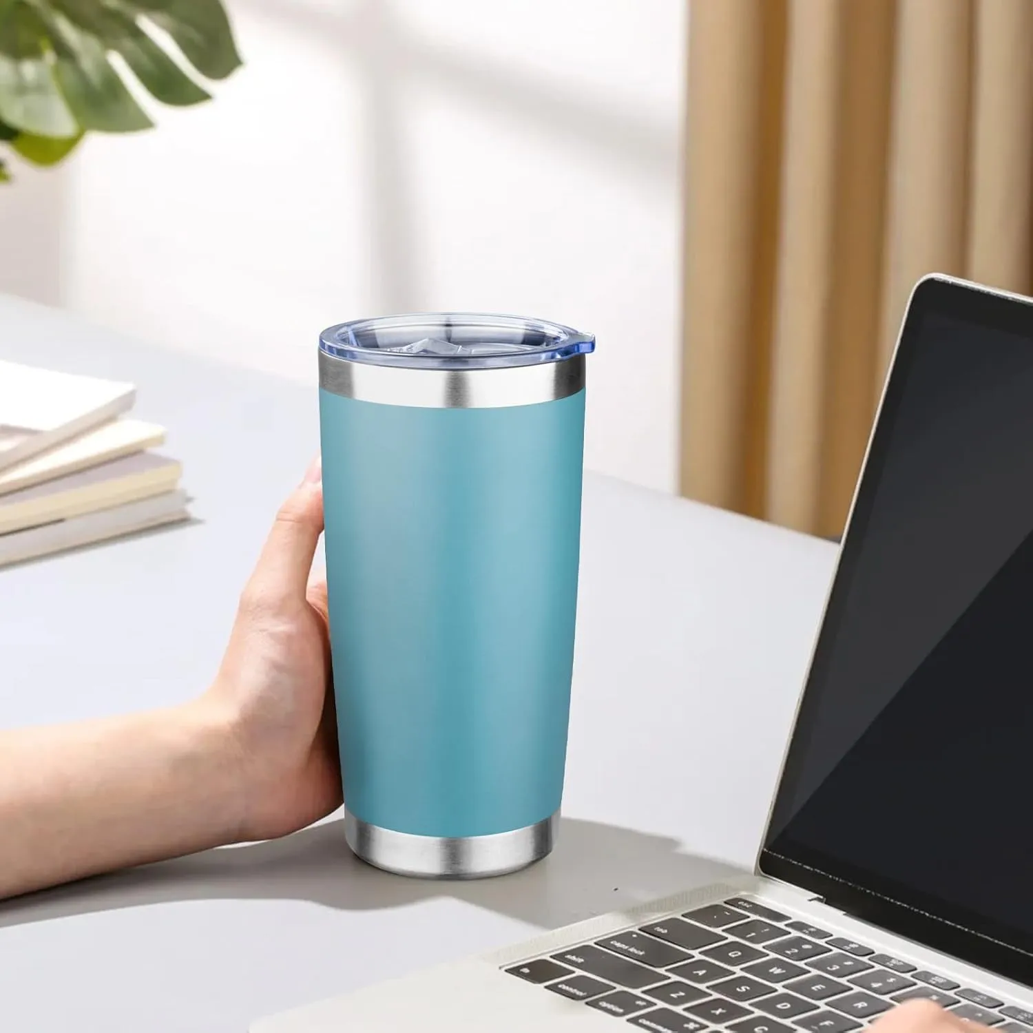 20oz Tumbler with Lid Double Wall Vacuum Insulated Travel Coffee Mug Stainless Steel Thermal Cup Powder Coated Sturdy Coffee Tumbler Bulk for Hot and Cold Beverage (Glacier blue,4)