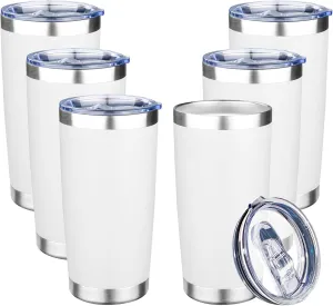 20oz Tumbler with Lid Double Wall Vacuum Insulated Travel Coffee Mug Stainless Steel Thermal Cup Powder Coated Sturdy Coffee Tumbler Bulk for Hot and Cold Beverage (White,6)