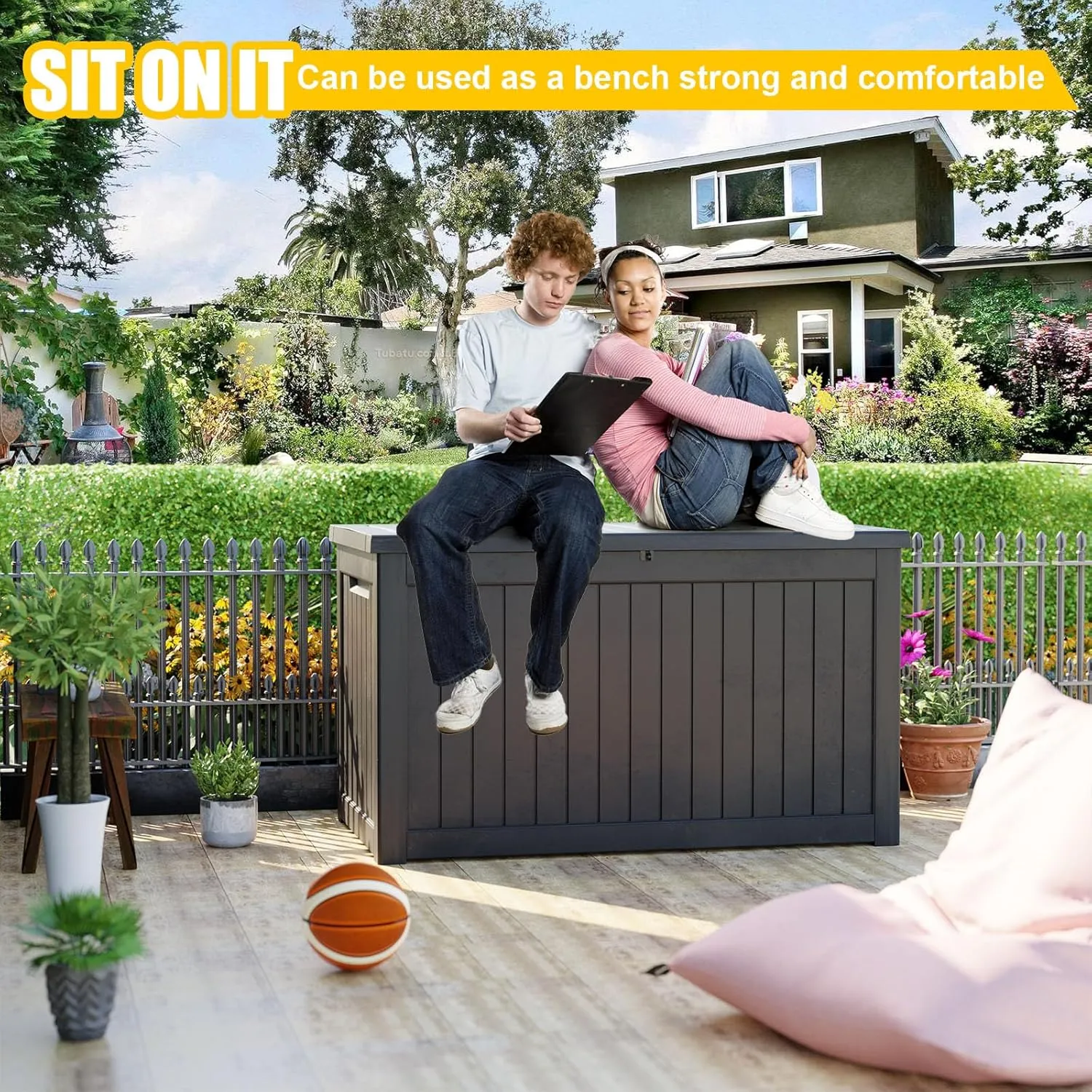 230 Gallon Large Deck Box,Resin Outdoor Storage Box with Lockable for Patio Furniture, Garden Tools Waterproof Outside Storage Box, Black