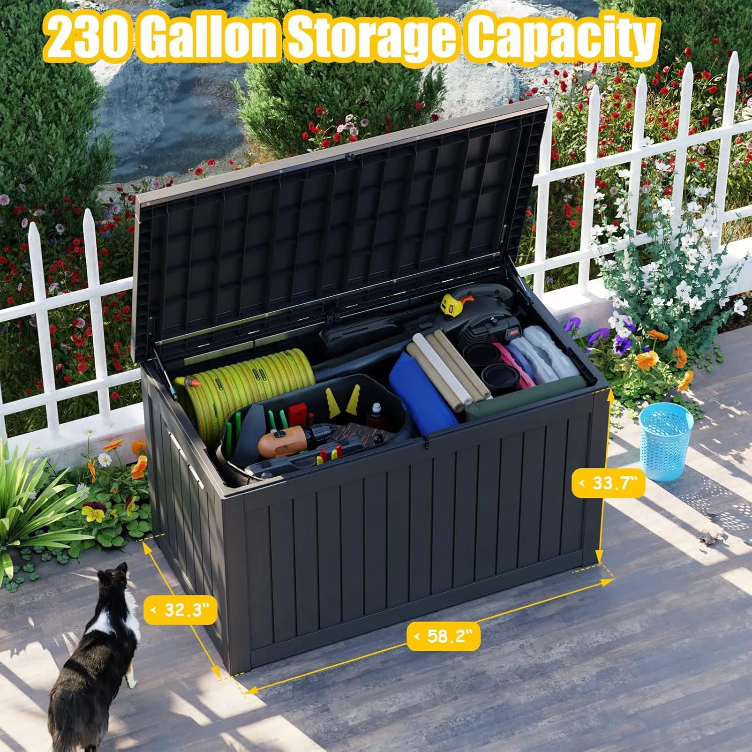 230 Gallon Large Deck Box,Resin Outdoor Storage Box with Lockable for Patio Furniture, Garden Tools Waterproof Outside Storage Box, Black