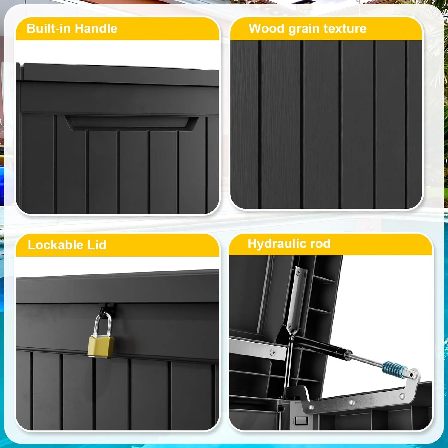 230 Gallon Large Deck Box,Resin Outdoor Storage Box with Lockable for Patio Furniture, Garden Tools Waterproof Outside Storage Box, Black
