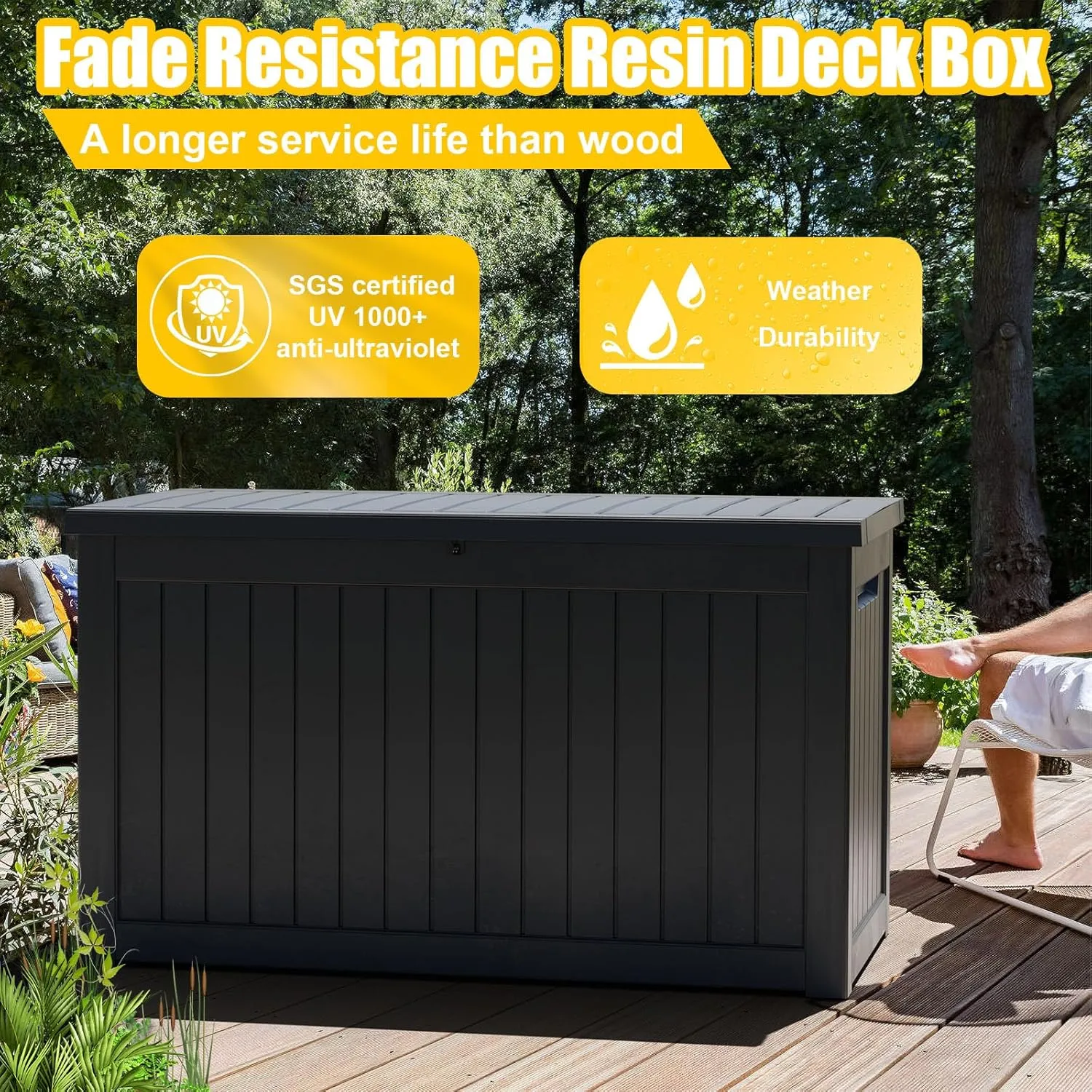 230 Gallon Large Deck Box,Resin Outdoor Storage Box with Lockable for Patio Furniture, Garden Tools Waterproof Outside Storage Box, Black