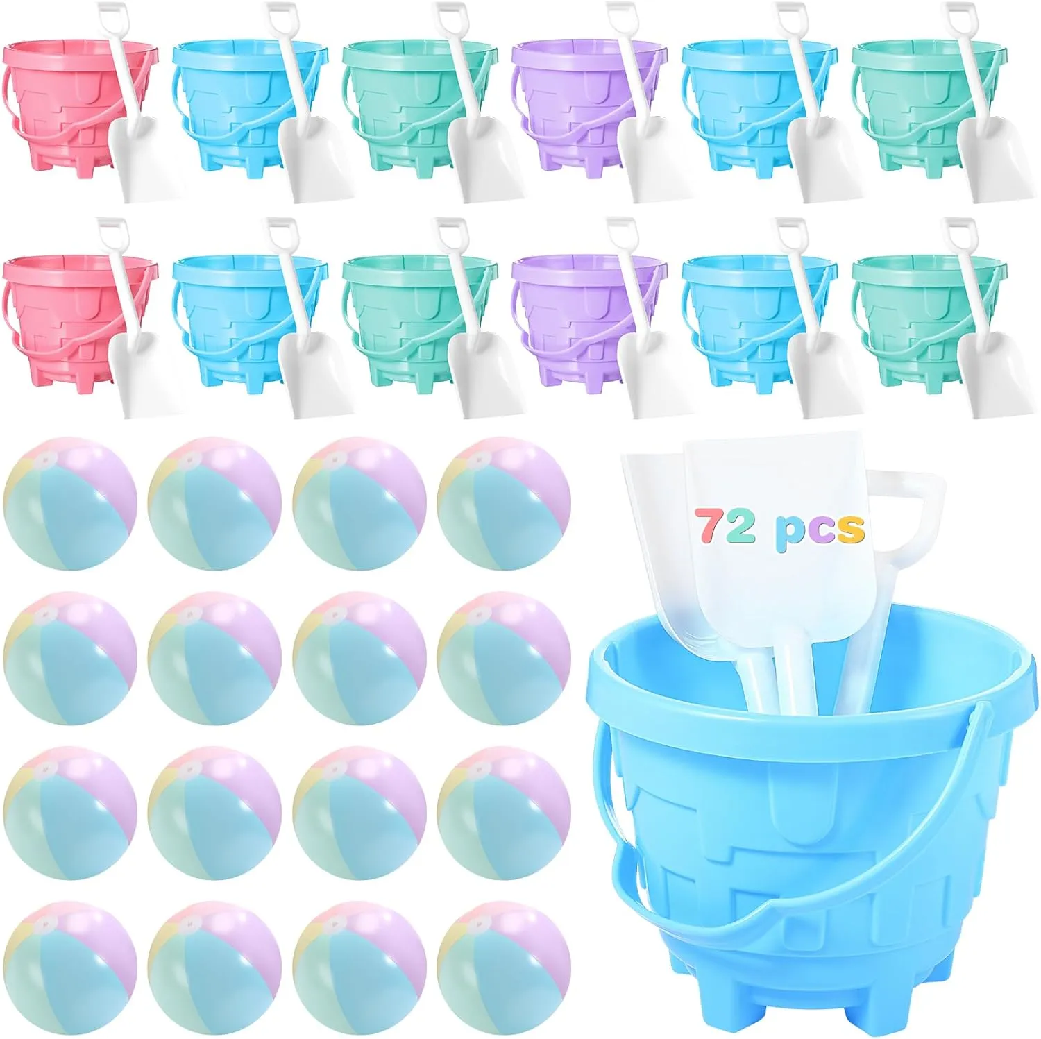 24 Set Beach Toys for Kids Macaron Sand Buckets and Shovels Bulk Pastel Beach Balls Inflatable Sand Toys for Boys Girls Toddlers Birthday Summer Outdoor Games Pool Party Favor