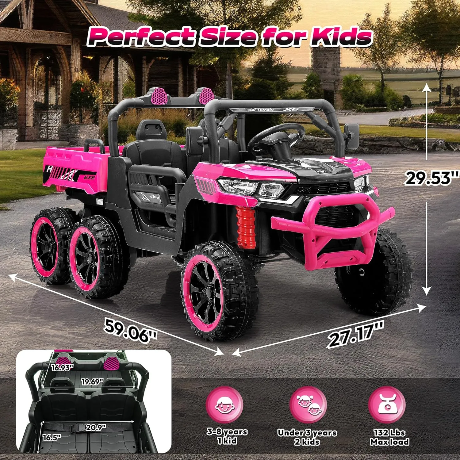 24V 2 Seater Ride on Dump Truck, 4WD 6-Wheel Ride on Toys for Big Kids with Remote Control, Ride on UTV Car with Electric Dump Bed, Toy Shovel, LED Lights & Music, Suspension Spring - Ages 3 , Pink