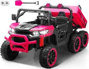 24V 2 Seater Ride on Dump Truck, 4WD 6-Wheel Ride on Toys for Big Kids with Remote Control, Ride on UTV Car with Electric Dump Bed, Toy Shovel, LED Lights & Music, Suspension Spring - Ages 3 , Pink