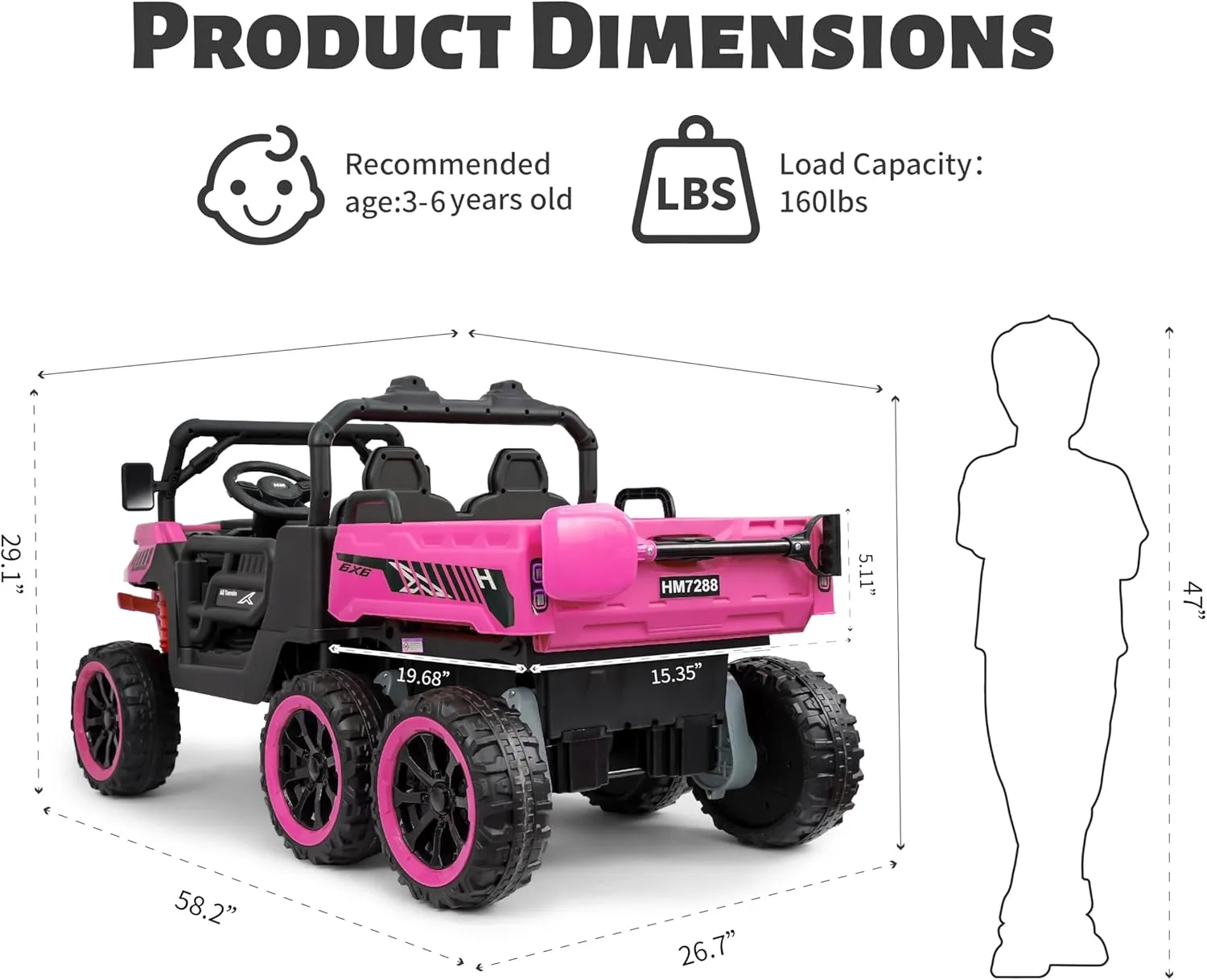24V 2 Seater Ride On Dump Truck with Remote Control, Electric UTV with Electric Dump Bed, 2 Speed 4WD Power Ride Cars 6x6 Wheels Storage Trunk for Boys Girls, Pink