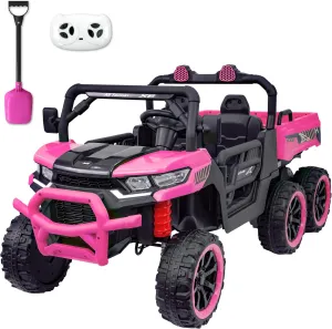 24V 2 Seater Ride On Dump Truck with Remote Control, Electric UTV with Electric Dump Bed, 2 Speed 4WD Power Ride Cars 6x6 Wheels Storage Trunk for Boys Girls, Pink