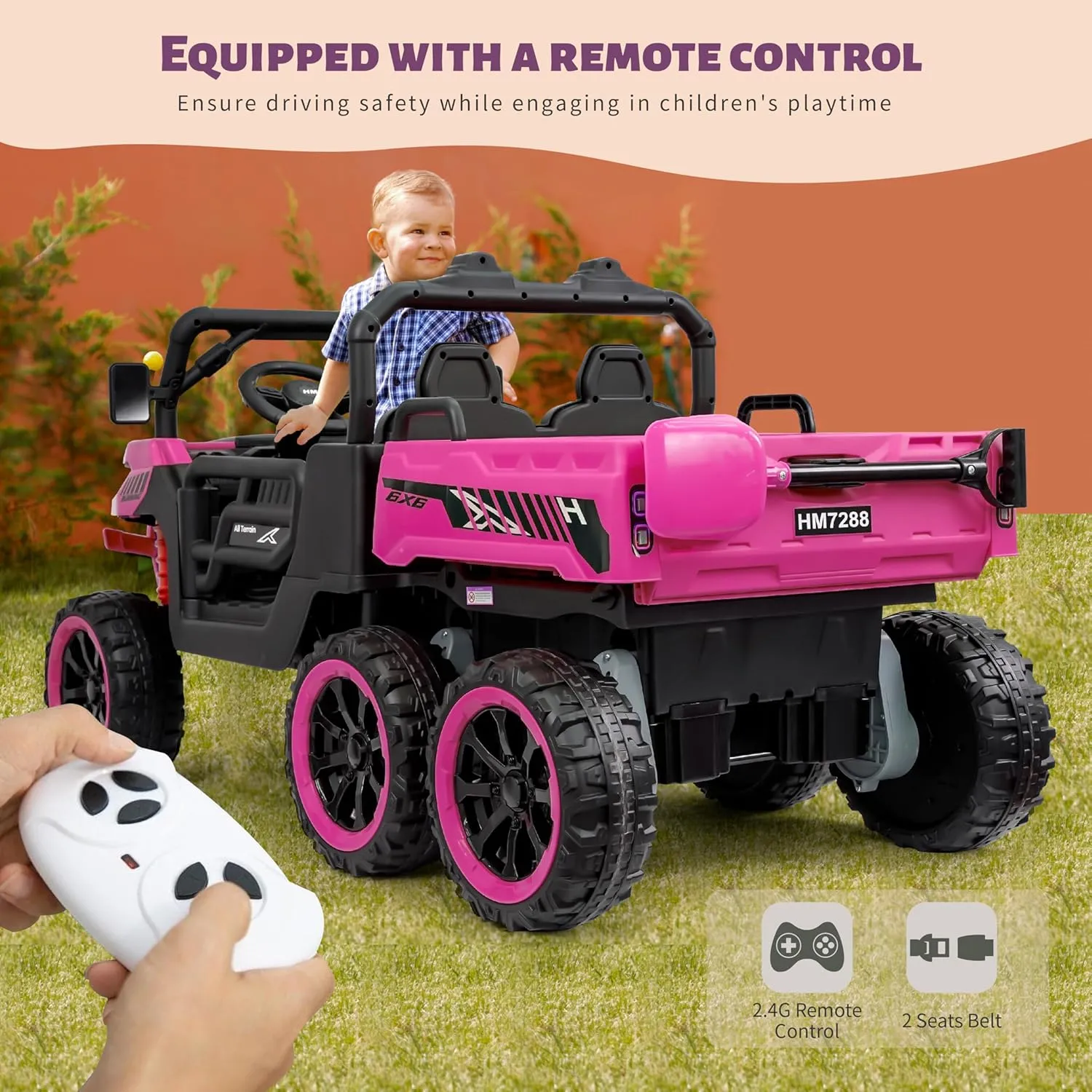 24V 2 Seater Ride On Dump Truck with Remote Control, Electric UTV with Electric Dump Bed, 2 Speed 4WD Power Ride Cars 6x6 Wheels Storage Trunk for Boys Girls, Pink