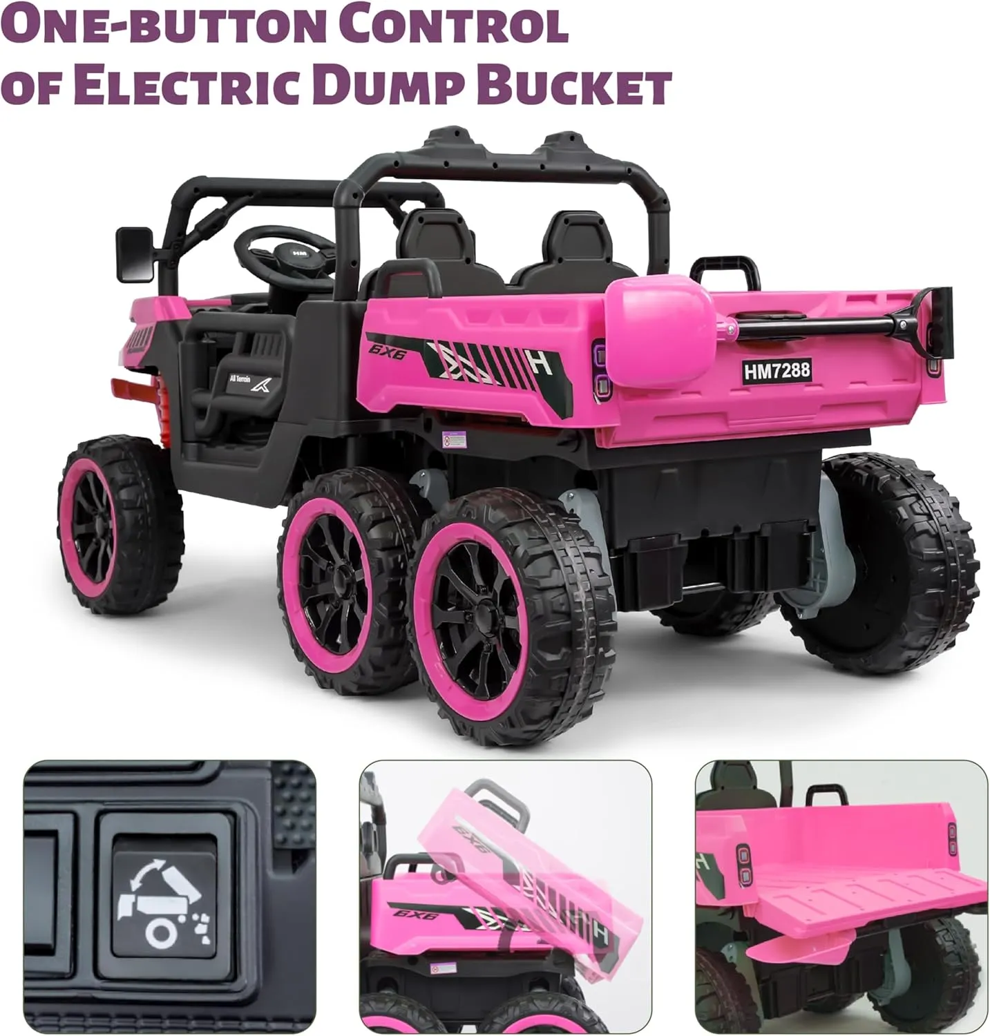 24V 2 Seater Ride On Dump Truck with Remote Control, Electric UTV with Electric Dump Bed, 2 Speed 4WD Power Ride Cars 6x6 Wheels Storage Trunk for Boys Girls, Pink