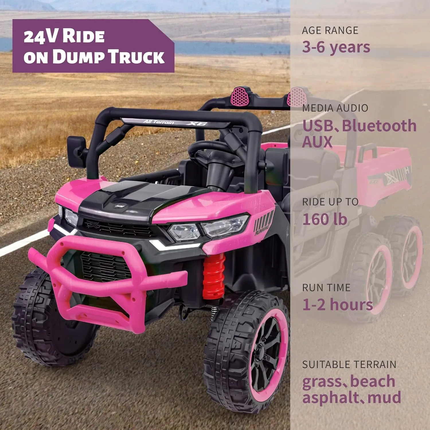 24V 2 Seater Ride On Dump Truck with Remote Control, Electric UTV with Electric Dump Bed, 2 Speed 4WD Power Ride Cars 6x6 Wheels Storage Trunk for Boys Girls, Pink