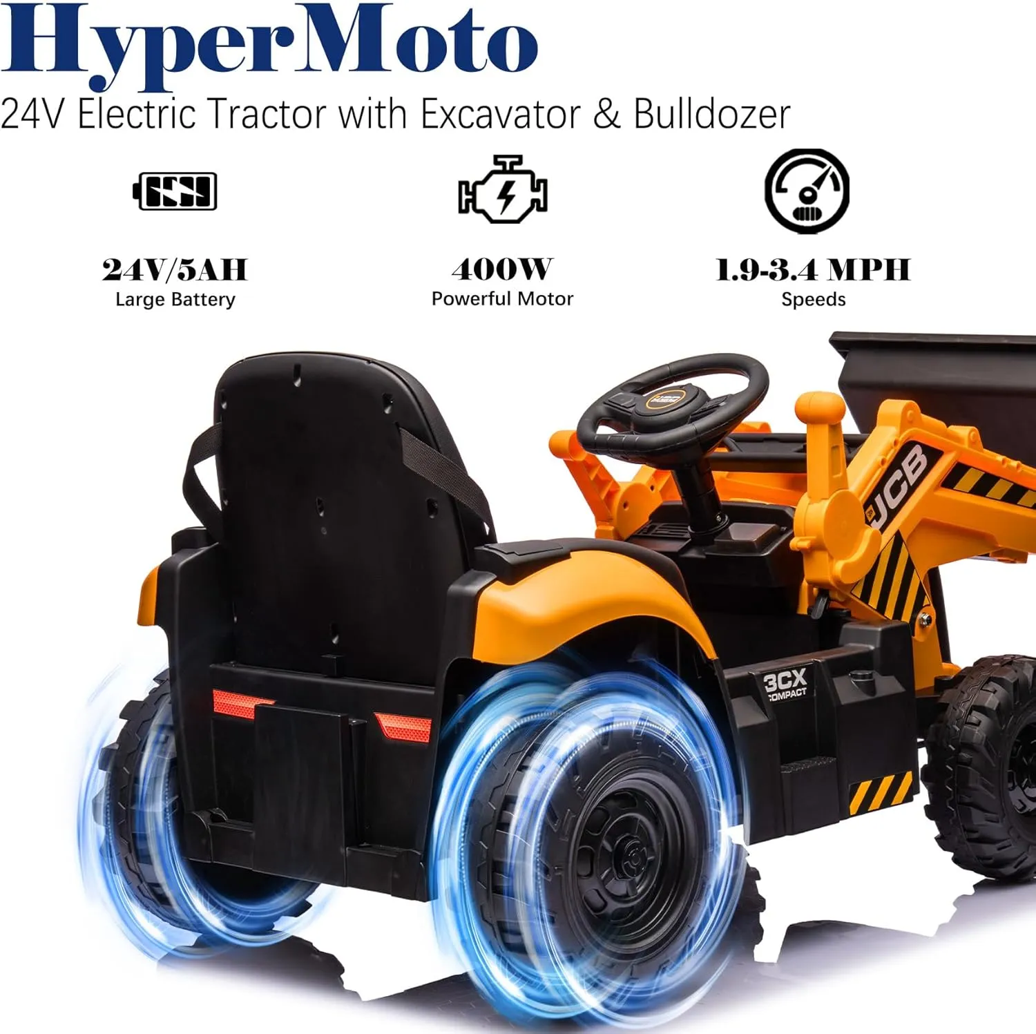 24V JCB 3 in 1 Ride on Tractor Truck, Excavator & Bulldozer with Remote Control, Kids' Electric Vehicles w/Front Loader, Shovel Bucket, Digger, Adjustable Seat, Kids Ride on Car - Yellow