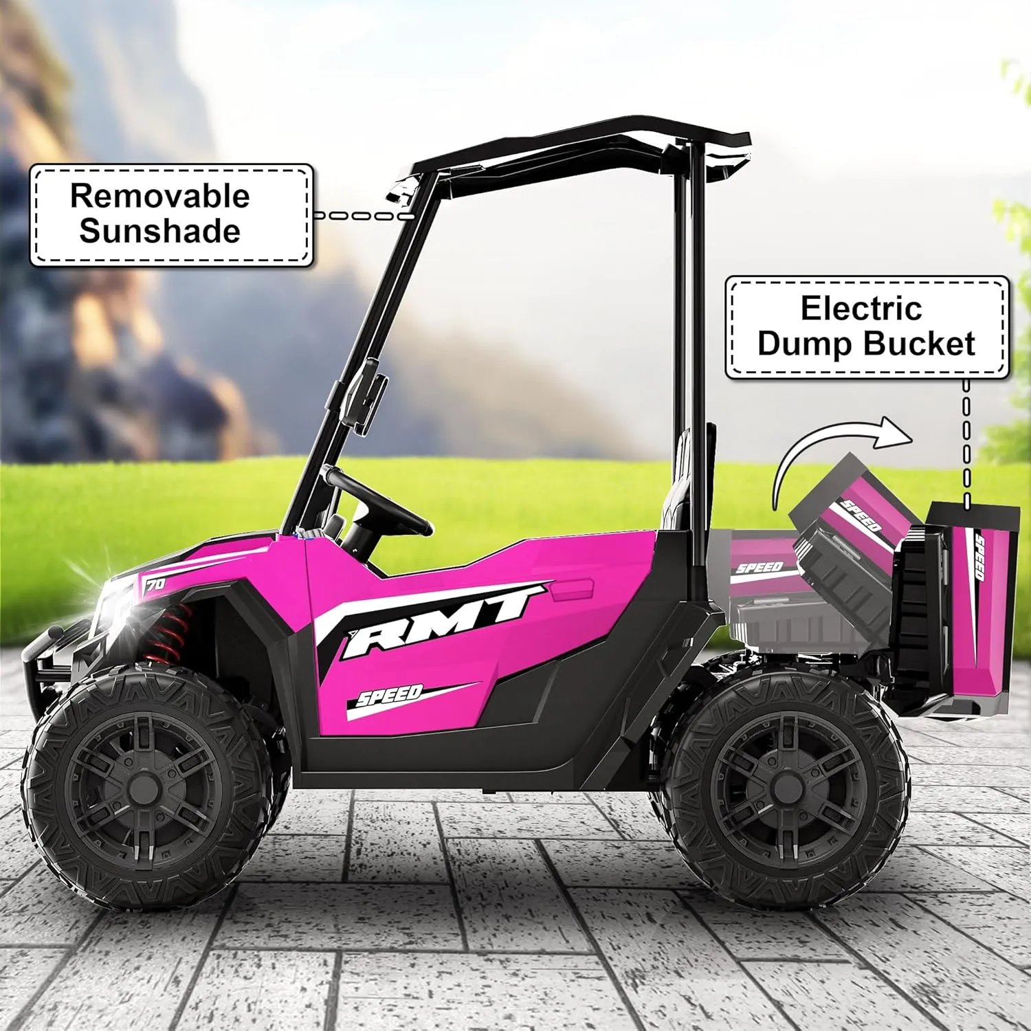24V Kids Ride on Toys, Dump Truck 2 Seater w/Sun Shade, Dump Bed & Shovel, 5MPH, 4WD Kids' Electric Vehicles, Electric Car w/Remote, Electric Car for Girls 3 Speeds, LED Lights, Music (Hot Pink)