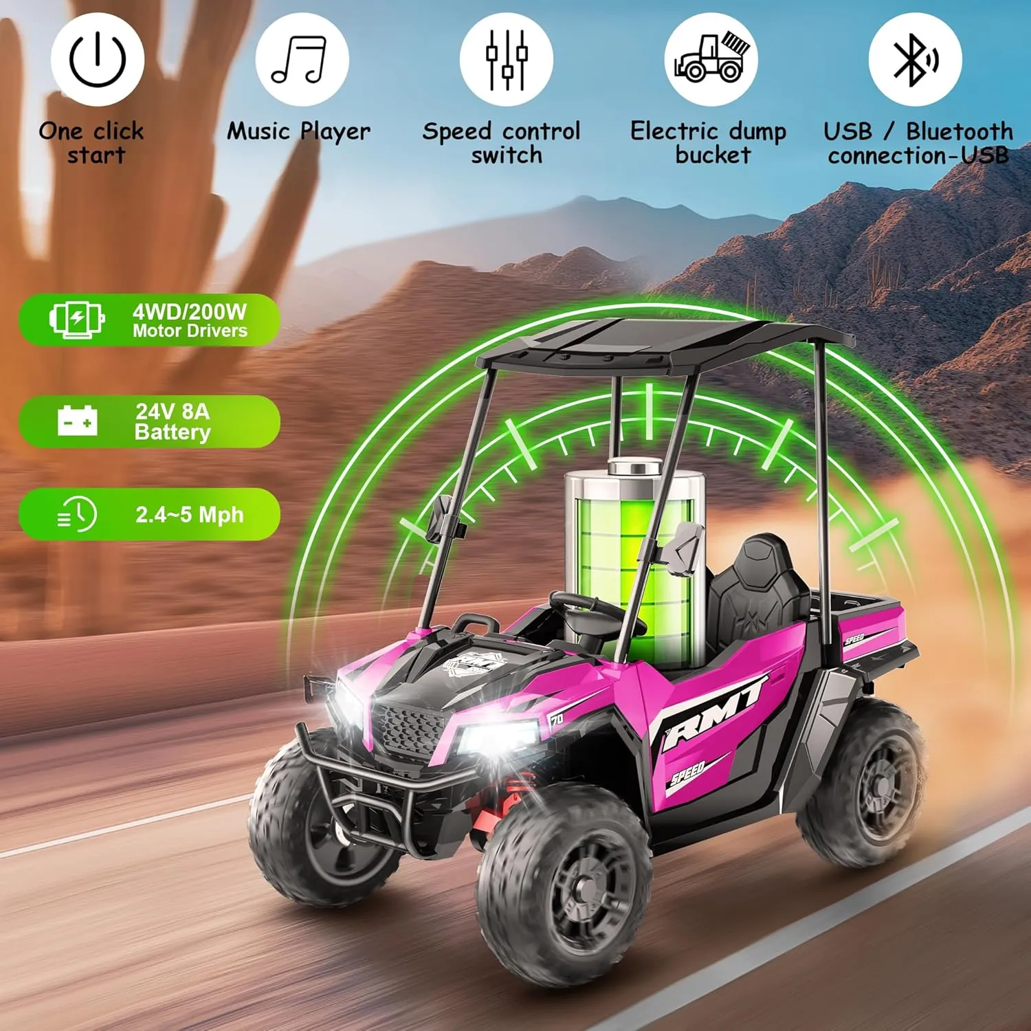 24V Kids Ride on Toys, Dump Truck 2 Seater w/Sun Shade, Dump Bed & Shovel, 5MPH, 4WD Kids' Electric Vehicles, Electric Car w/Remote, Electric Car for Girls 3 Speeds, LED Lights, Music (Hot Pink)