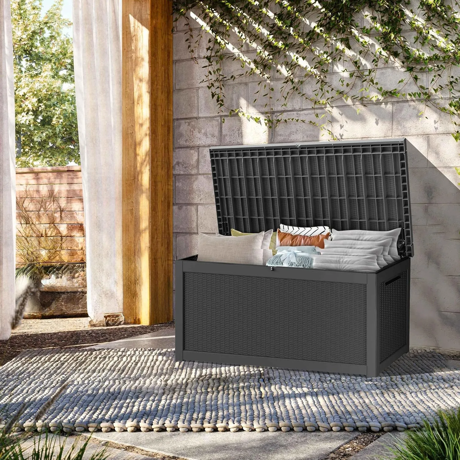 260 Gallon Lockable Resin Deck Box, Waterproof & UV-Resistant Outdoor Storage Box for Outdoor Cushion Storage, Garden Tools & Pool Accessories Storage, Black