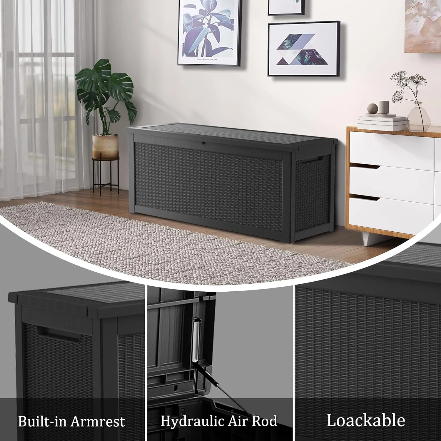 260 Gallon Lockable Resin Deck Box, Waterproof & UV-Resistant Outdoor Storage Box for Outdoor Cushion Storage, Garden Tools & Pool Accessories Storage, Black