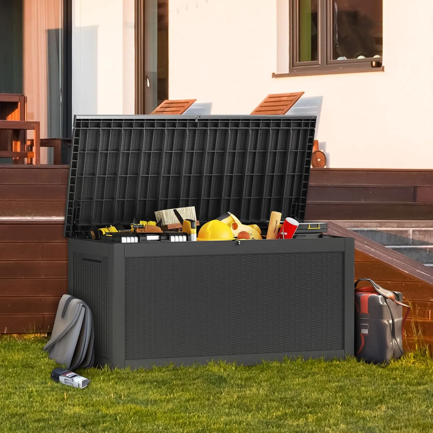 260 Gallon Lockable Resin Deck Box, Waterproof & UV-Resistant Outdoor Storage Box for Outdoor Cushion Storage, Garden Tools & Pool Accessories Storage, Black