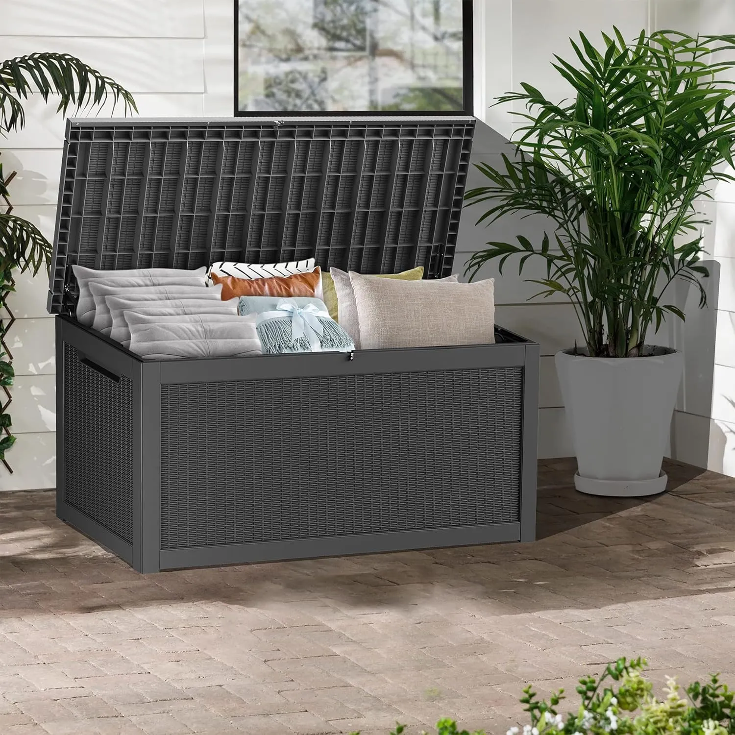 260 Gallon Lockable Resin Deck Box, Waterproof & UV-Resistant Outdoor Storage Box for Outdoor Cushion Storage, Garden Tools & Pool Accessories Storage, Black