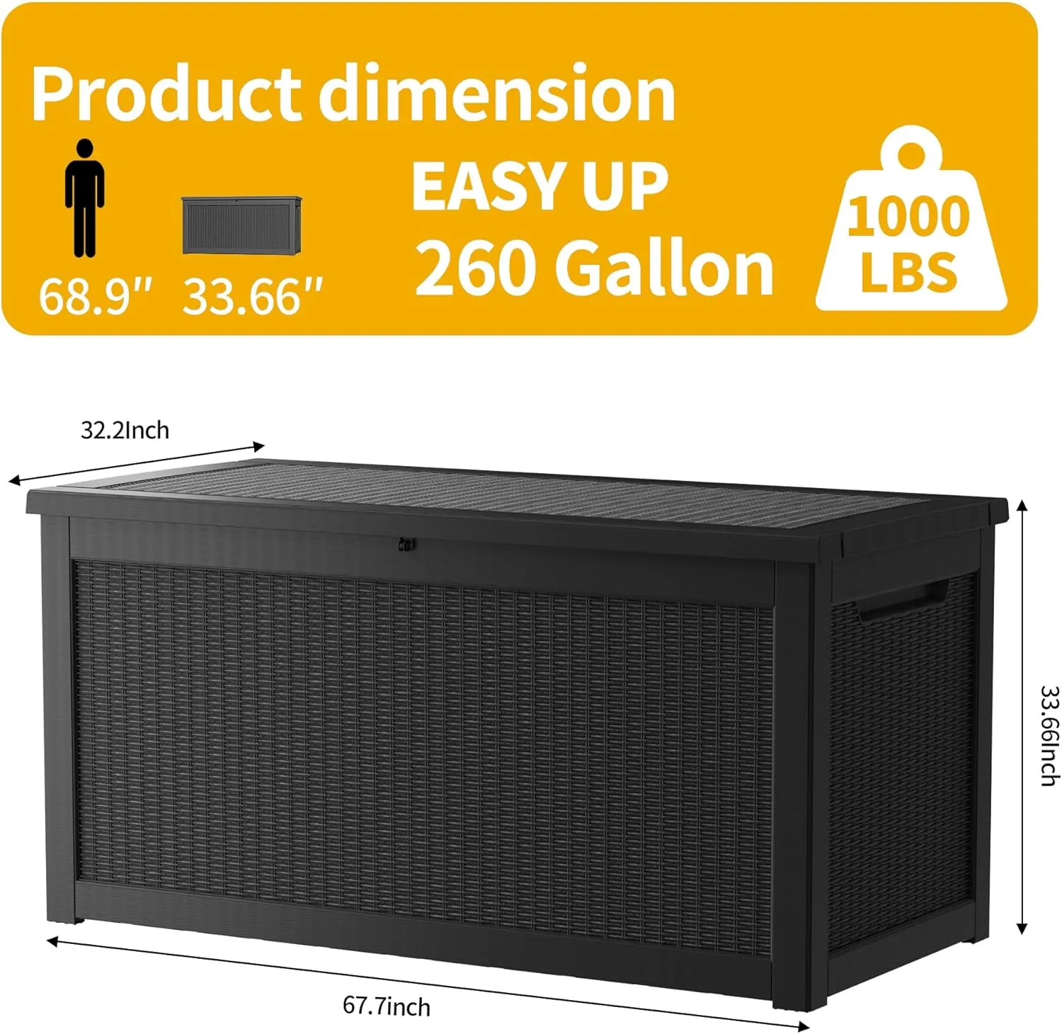260 Gallon Lockable Resin Deck Box, Waterproof & UV-Resistant Outdoor Storage Box for Outdoor Cushion Storage, Garden Tools & Pool Accessories Storage, Black
