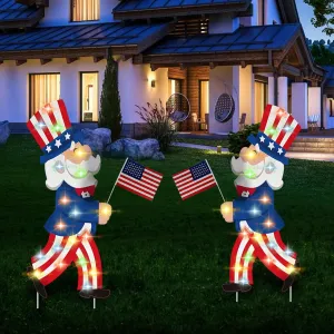 2Pc Outdoor Yard Signs Independence Day Lawn Uncle Sam LED Decorations Fourth of July Holiday Party USA Flag Patriots Day Veterans Day Patriotic Celebration Yard Sign(Batteries not Included)
