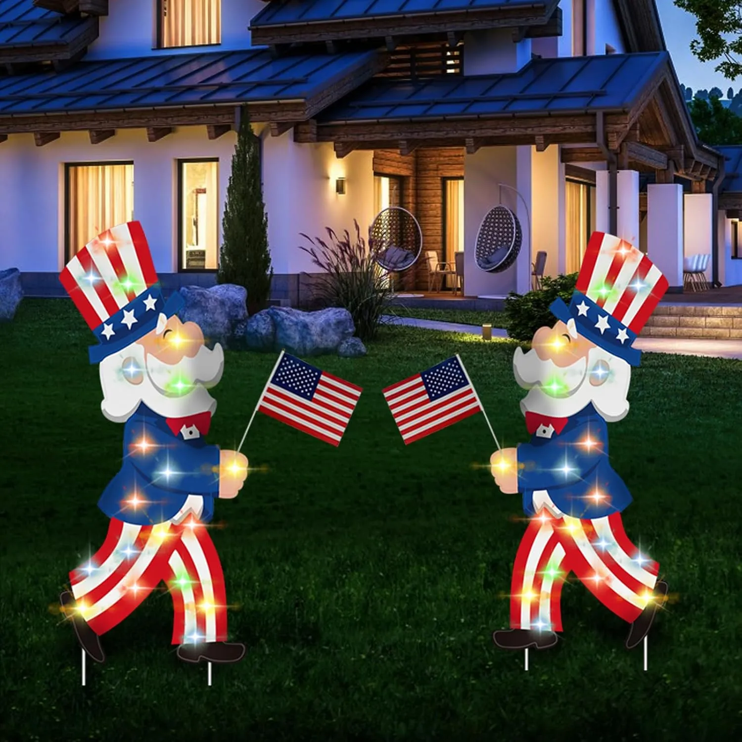 2Pc Outdoor Yard Signs Independence Day Lawn Uncle Sam LED Decorations Fourth of July Holiday Party USA Flag Patriots Day Veterans Day Patriotic Celebration Yard Sign(Batteries not Included)