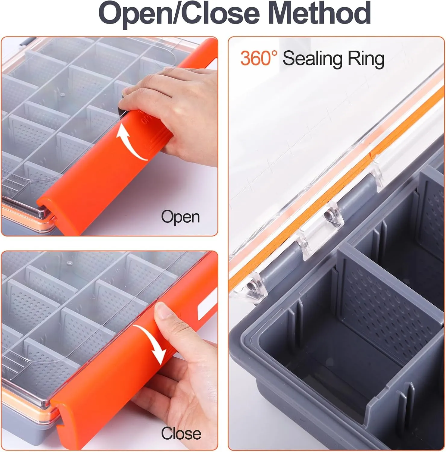 2PCS Waterproof Fishing Tackle Box,3600 Tackle Tray,Clear Plastic Fishing Lure Organizer with Removable Dividers,Storage Box for Lures, Hooks,Sinkers and Floats(Orange)