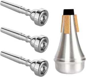 3 Pack Trumpet Mouthpiece (3C 5C 7C) with Lightweight Aluminum Practice Trumpet Mute Silencer Fit for Yamaha Bach Conn King Replacement Musical Instruments Accessories, Silver