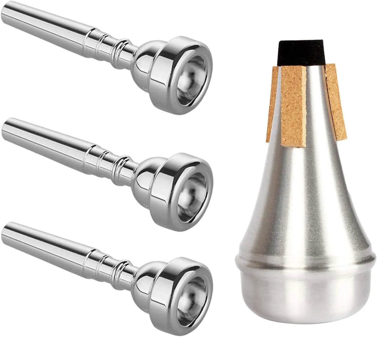 3 Pack Trumpet Mouthpiece (3C 5C 7C) with Lightweight Aluminum Practice Trumpet Mute Silencer Fit for Yamaha Bach Conn King Replacement Musical Instruments Accessories, Silver