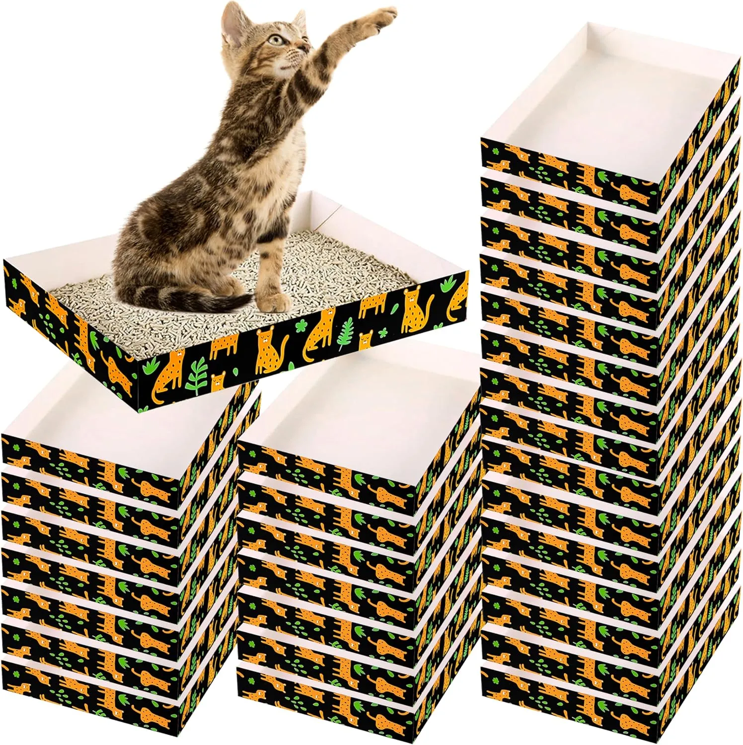 30 Pack Disposable Cat Litter Box, Foldable Paper Travel Litter Box, Non Clumping Durable and Waterproof,Low Entry Easy Disposal,Portable(13.6x9.7x1.9 in)