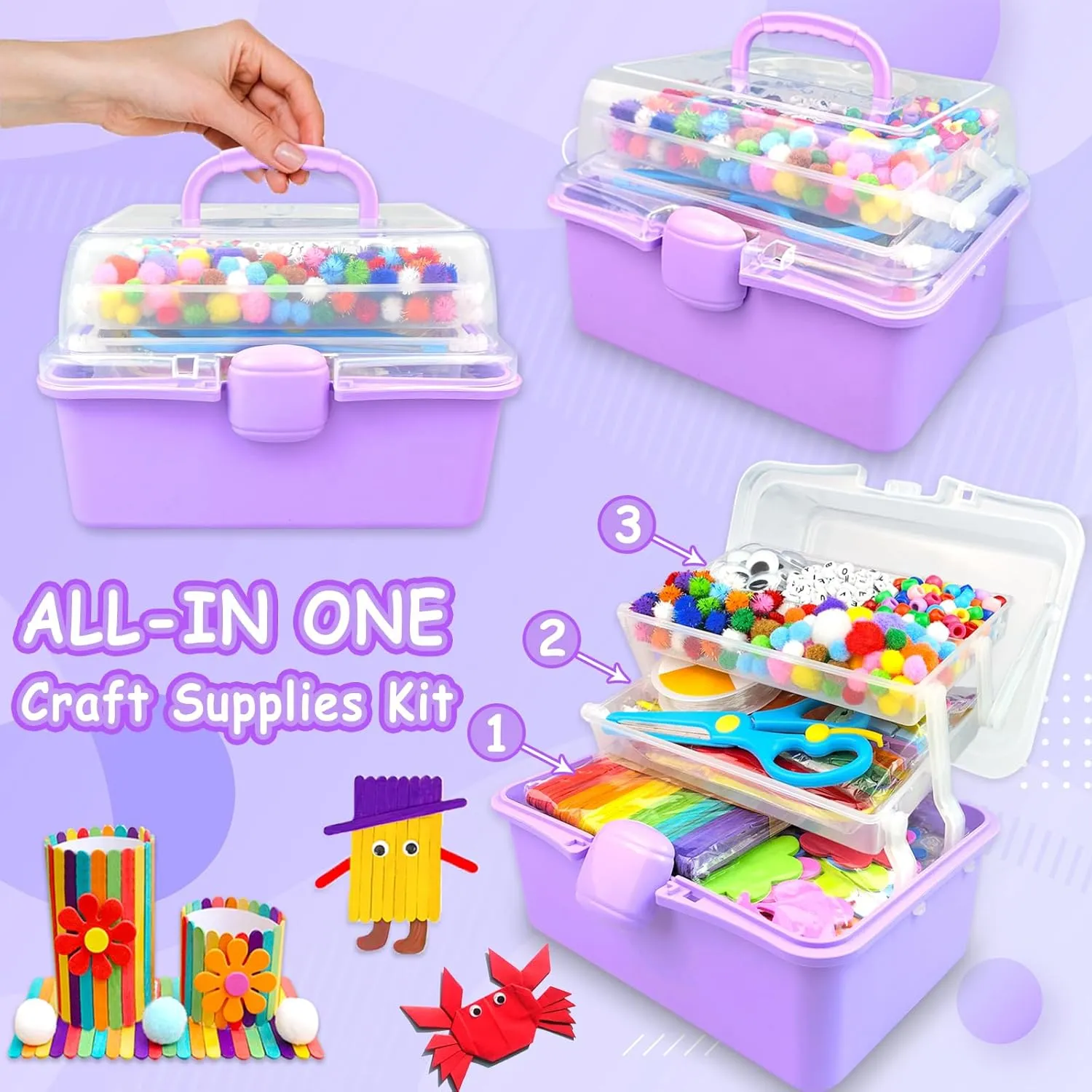 3000 Arts and Crafts Supplies for Kids Craft Kit Craft Box with Pipe Cleaners Arts and Crafts for Kids Age 4-6, 6-8, 8-12 DIY School Supplies Materials Set Toys Gifts for Girls Boys Toddlers, Purple
