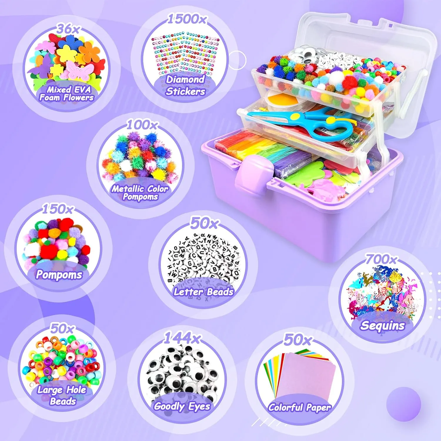 3000 Arts and Crafts Supplies for Kids Craft Kit Craft Box with Pipe Cleaners Arts and Crafts for Kids Age 4-6, 6-8, 8-12 DIY School Supplies Materials Set Toys Gifts for Girls Boys Toddlers, Purple