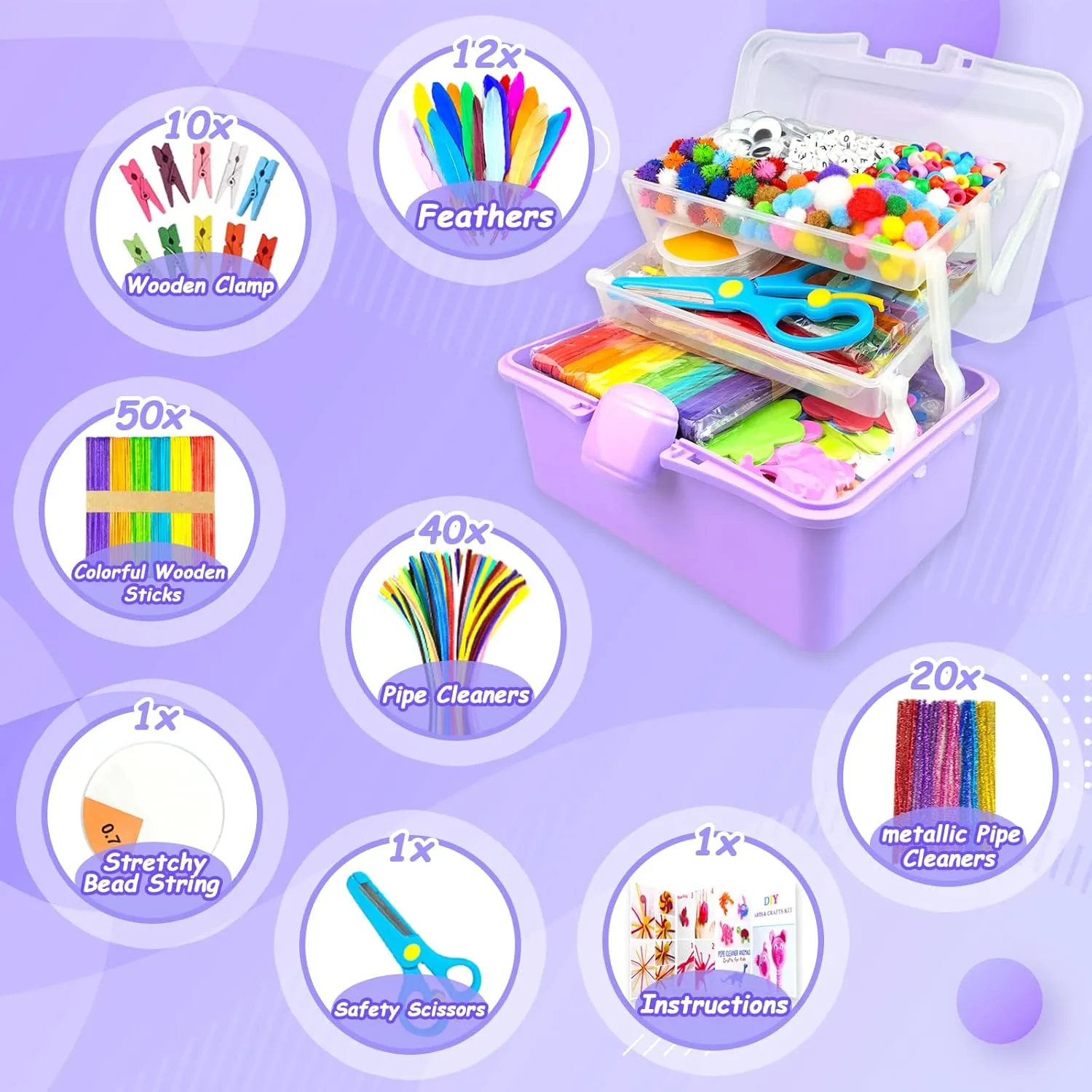 3000 Arts and Crafts Supplies for Kids Craft Kit Craft Box with Pipe Cleaners Arts and Crafts for Kids Age 4-6, 6-8, 8-12 DIY School Supplies Materials Set Toys Gifts for Girls Boys Toddlers, Purple
