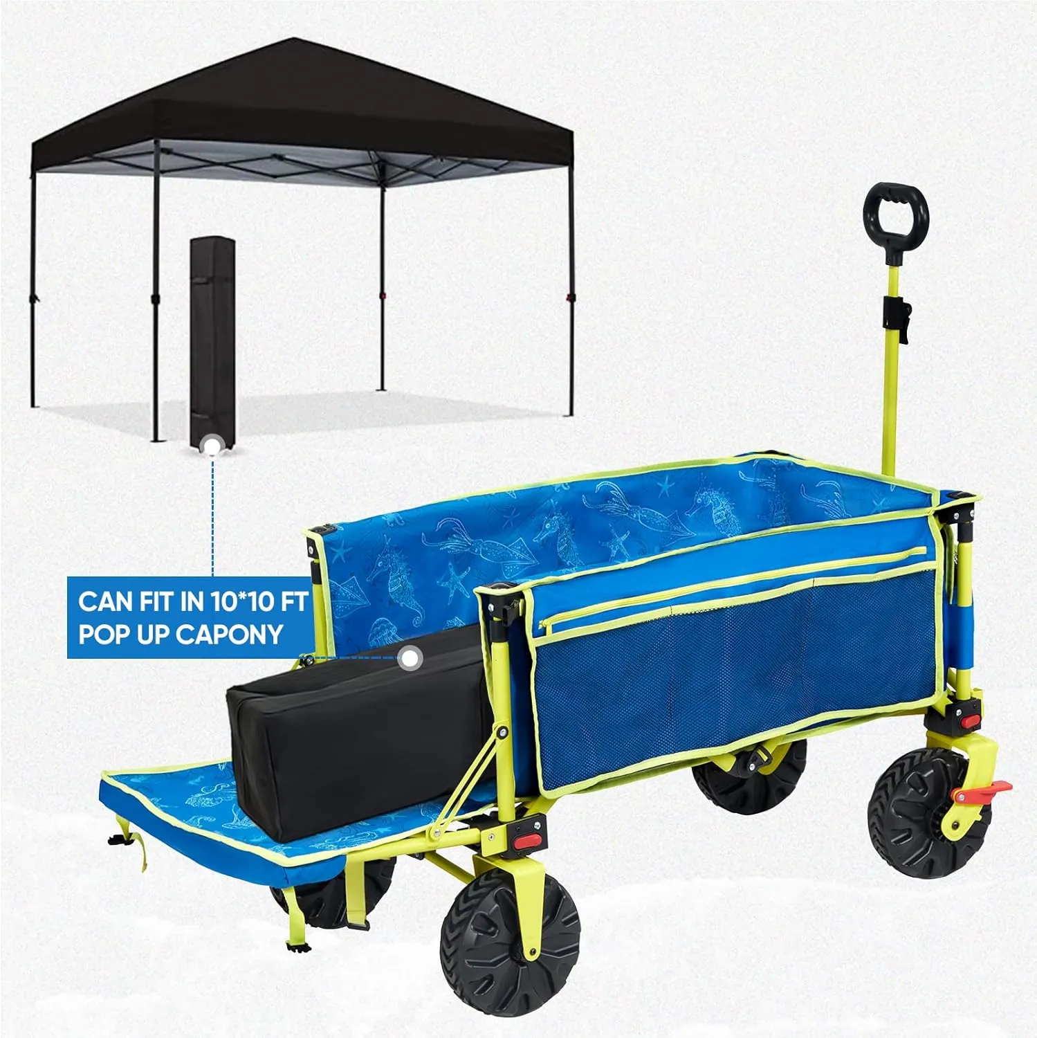 300lbs Extra Long 49" L Beach Wagon with Big Wheels with Brake for Sand, Collapsible Utility Beach Cart Heavy Duty Folding Wagon,Ideal for Outdoor Sand Camping Garden Pet