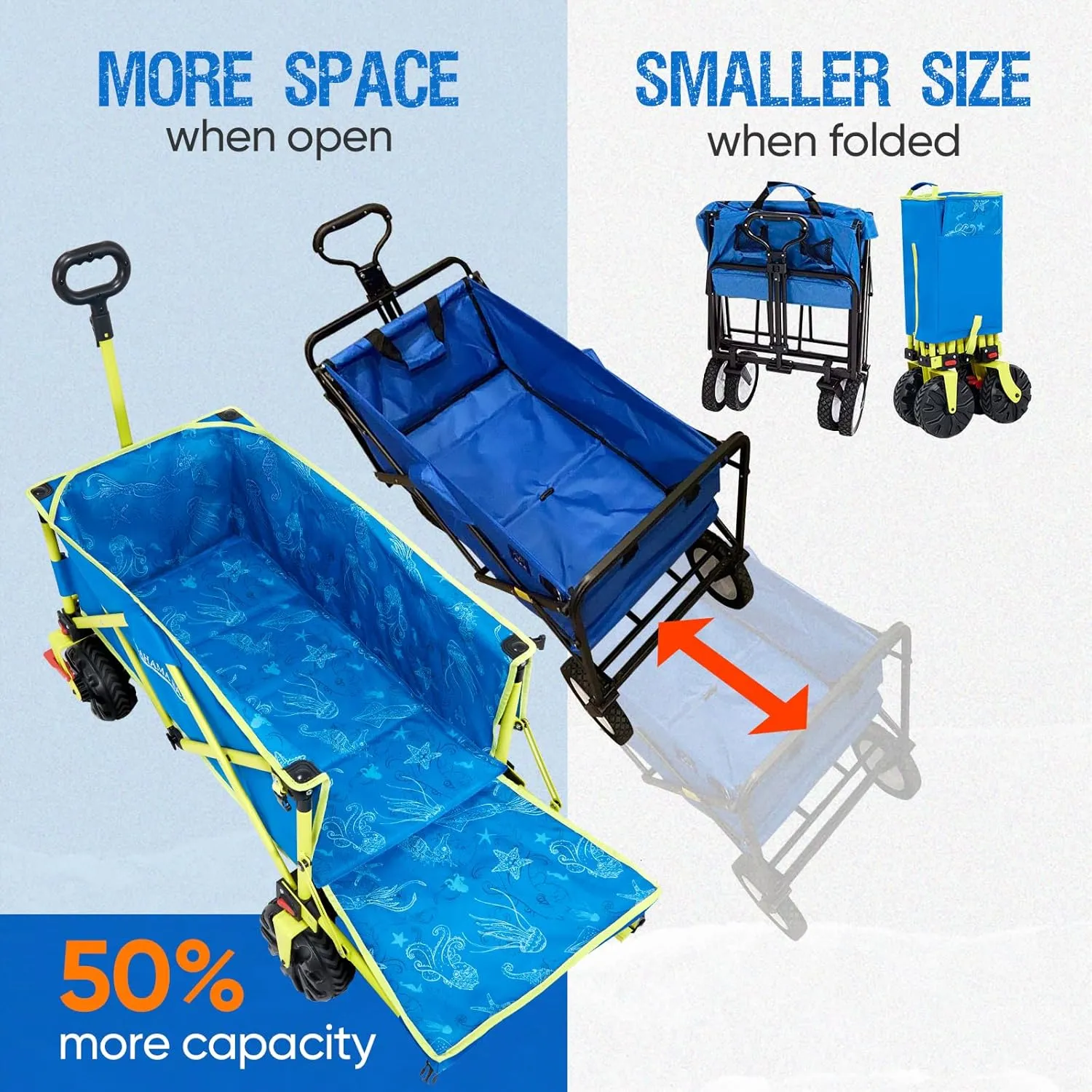300lbs Extra Long 49" L Beach Wagon with Big Wheels with Brake for Sand, Collapsible Utility Beach Cart Heavy Duty Folding Wagon,Ideal for Outdoor Sand Camping Garden Pet