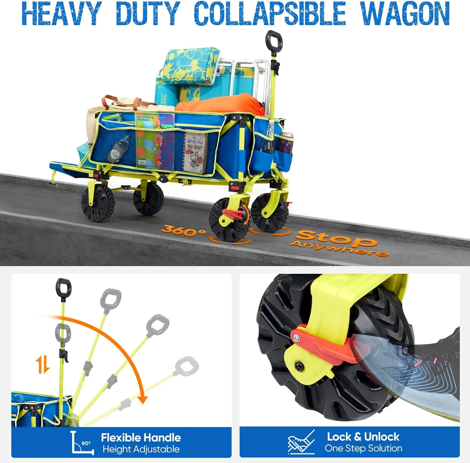 300lbs Extra Long 49" L Beach Wagon with Big Wheels with Brake for Sand, Collapsible Utility Beach Cart Heavy Duty Folding Wagon,Ideal for Outdoor Sand Camping Garden Pet