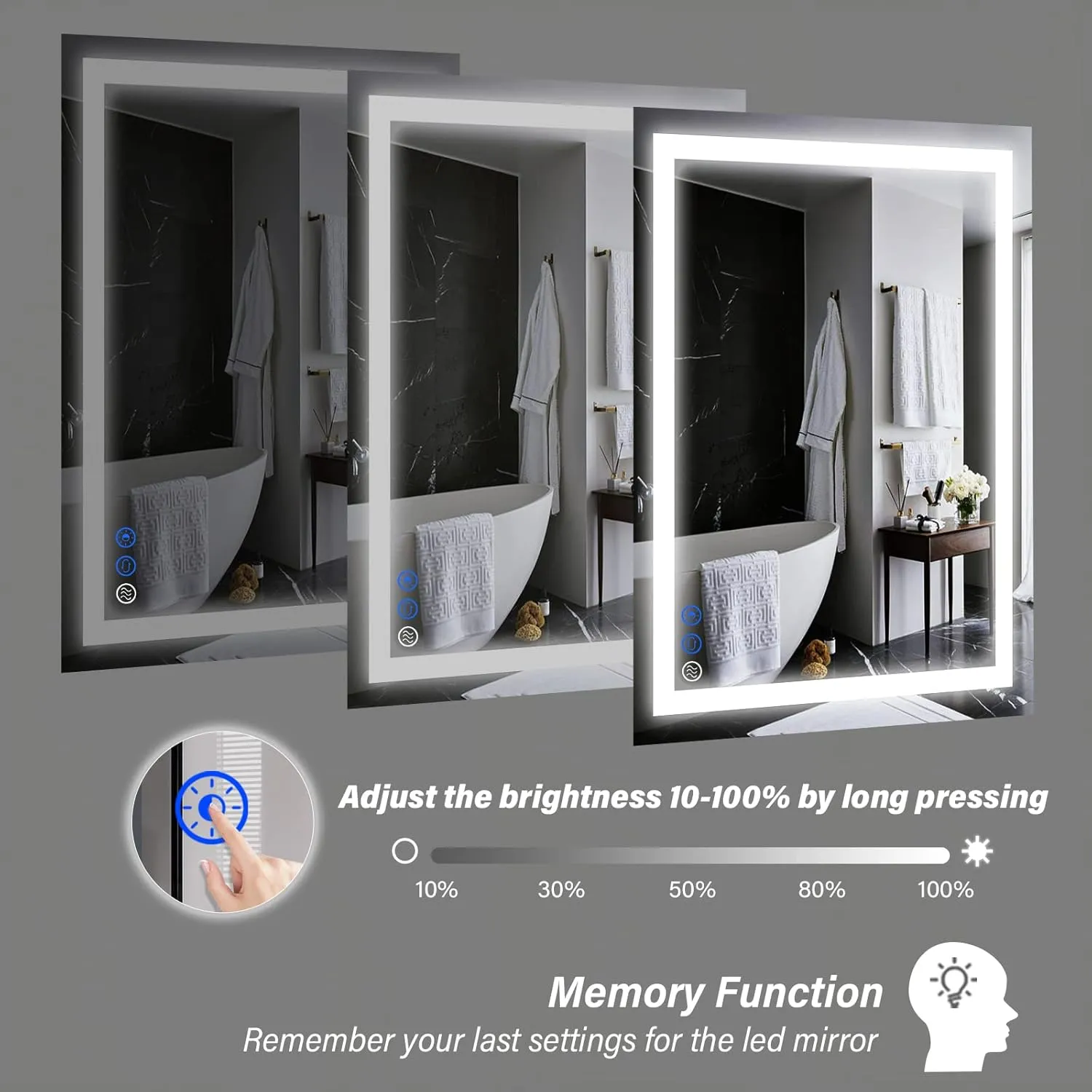 32x24 inch LED Bathroom Mirror with Adjustable, Stepless Dimmable, Anti-Fog, Wall Mounted Lighted Bathroom Mirror with Smart Touch Button, Memory Function, 3000K-6000K (Horizontal/Vertical)