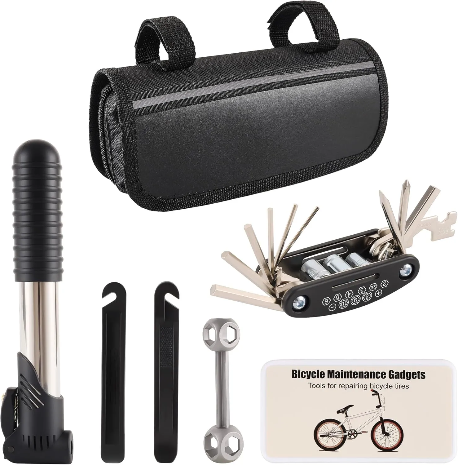 33Pcs Bike Repair Tool Kit with Mini Bicycle Pump, 16 in 1 Multi-Tool, 2mm-6mm Allen Wrenches, Bicycle Repair Bag Used for Mountain and Road Bikes