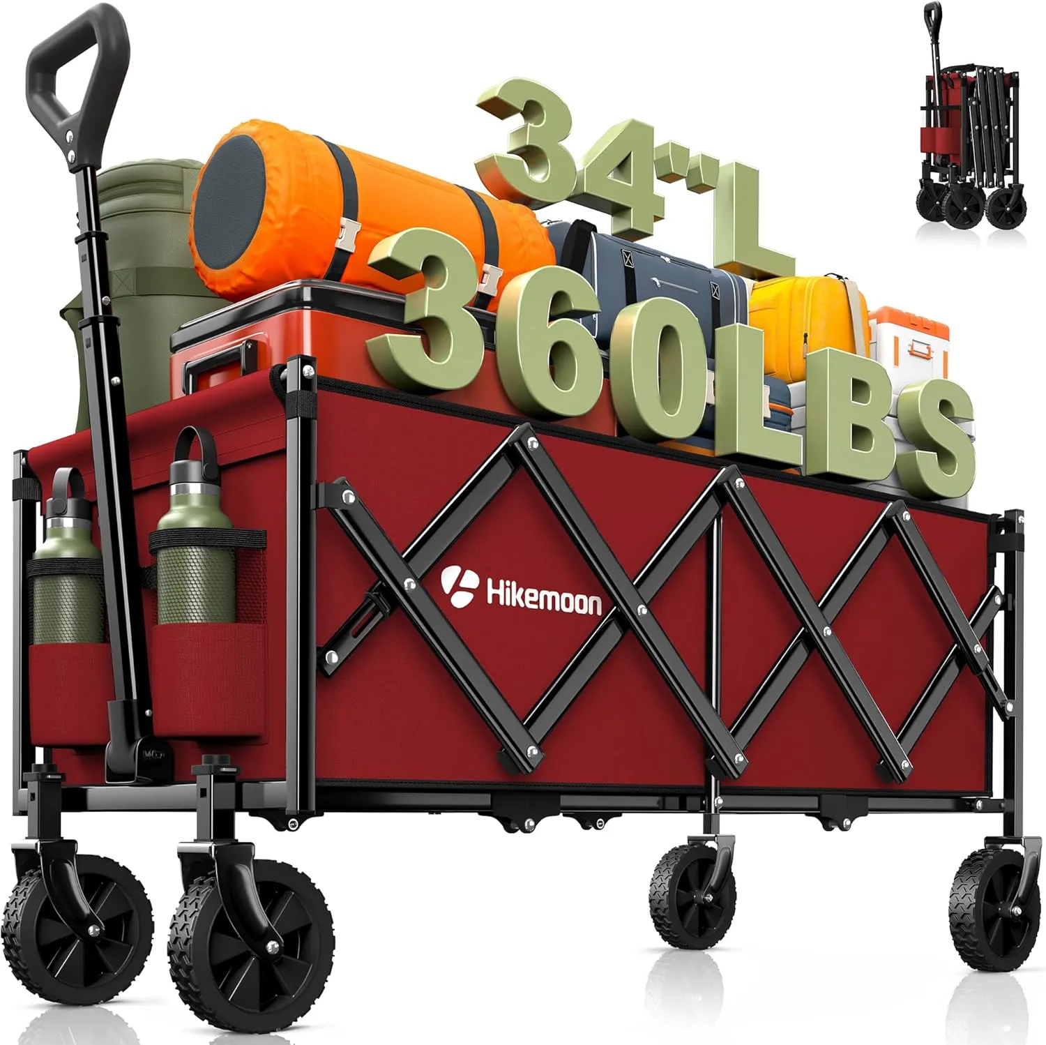 34'' Extra Long Collapsible Wagons Carts Foldable, 360LBS Heavy Duty Folding Beach Wagon with Wheels, Portable Utility Outdoor Cart for Grocery, Garden, Sports, Camping, Red